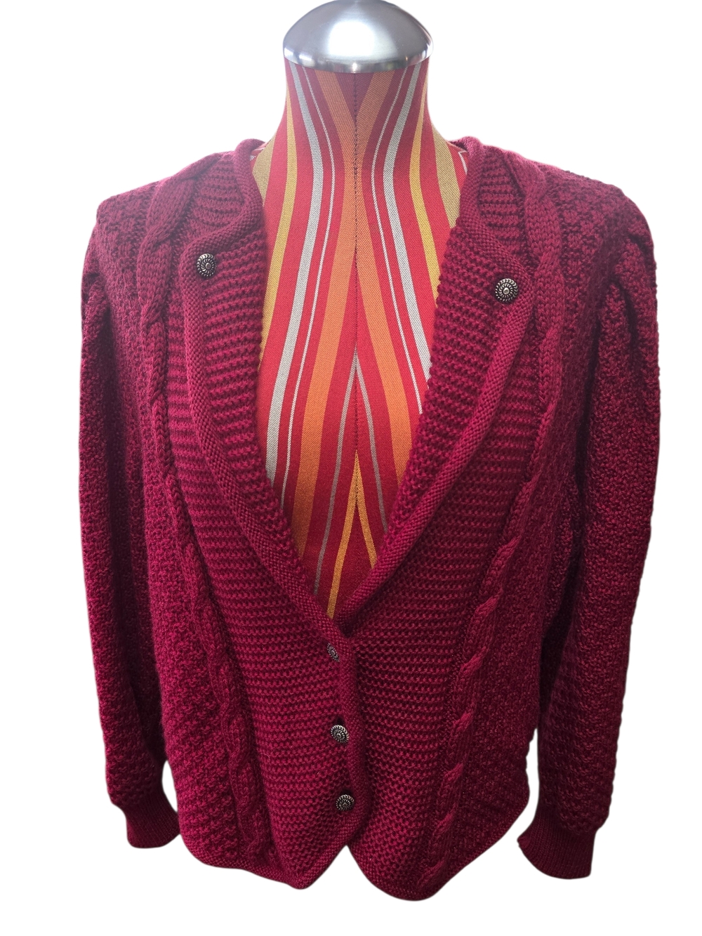 Kitz-Pichler Austrian 100% Wool Knit Aran Cardigan Sweater - Burgundy